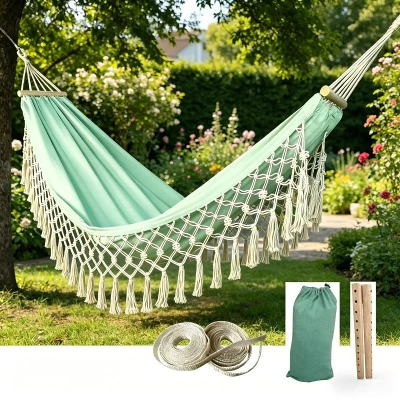 Hamac Bohème à Franges, Toile Polyester et Barres en Bois, 2 Places, vue 9