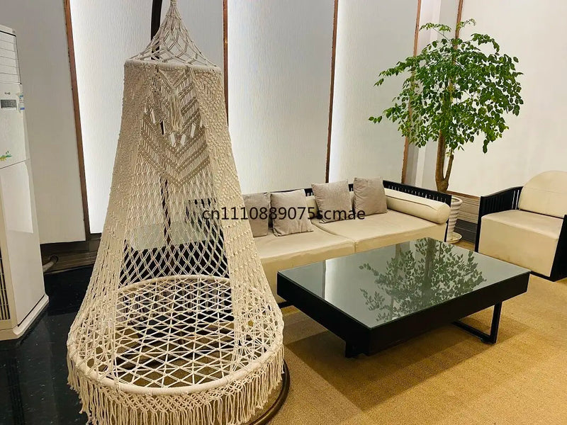 Chaise Hamac Suspendue en Macramé Écru, Forme Conique, Coussin Rond, 3 Tailles, vue 5