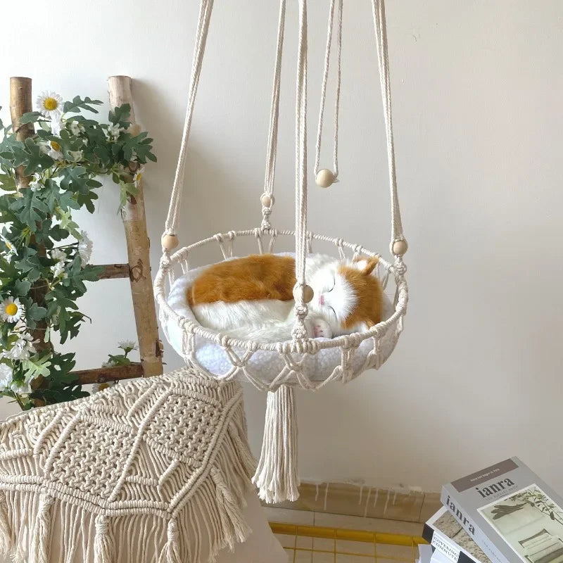 Hamac pour Chat Suspendu en Macramé de Coton Tressé Main, 40 cm, Coussin Rond en Option, vue 4