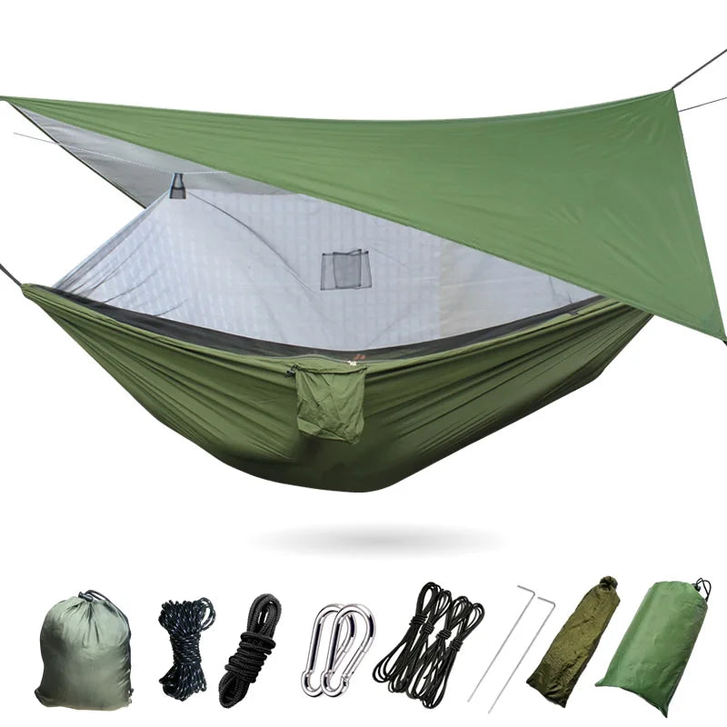 Hamac de Camping Camouflage ou Bleu avec Moustiquaire à Poches, Nylon 210T, Bâche en Option