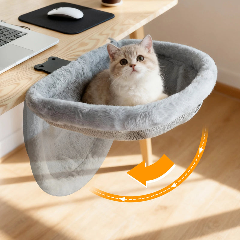 Hamac pour Chat de Bureau à Pince, Pliable en Un Clic, Demi-circulaire en Peluche Grise, 44 x 46 cm, vue 2
