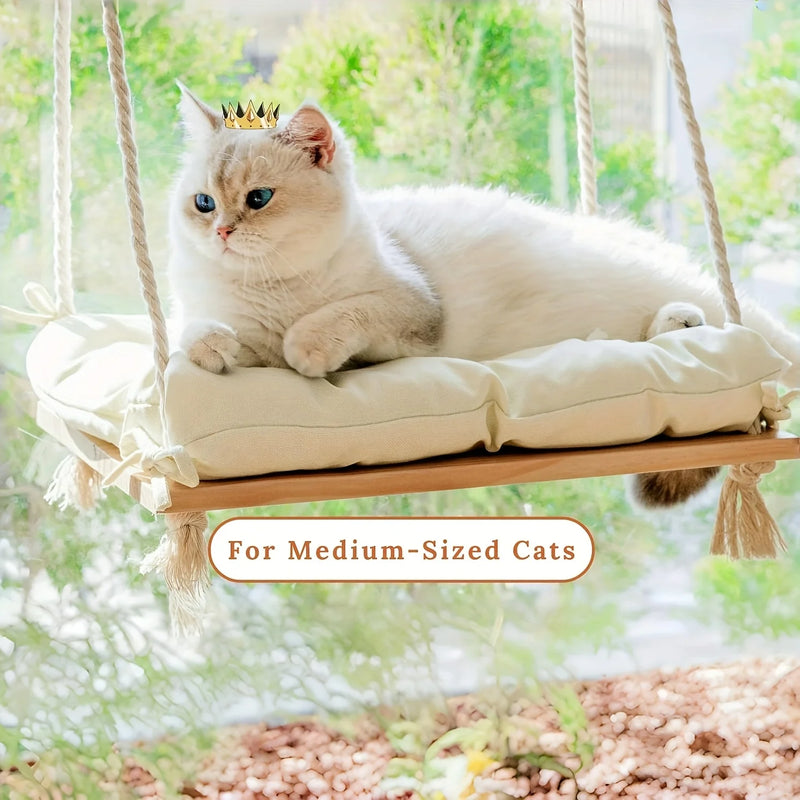 Hamac pour Chat Fenêtre en Bois et Cordes, Coussin Amovible, 45 x 35 cm, vue 3