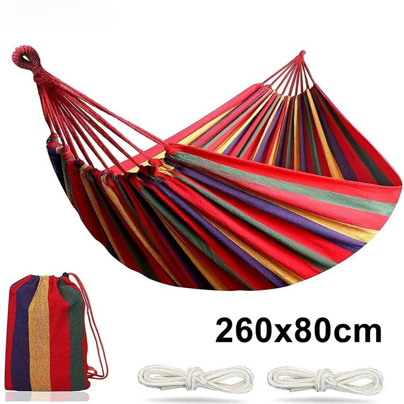 Hamac Rayé en Toile de Coton 260 cm, 3 Largeurs, Rouge ou Bleu, avec Sac et Cordes, vue 11