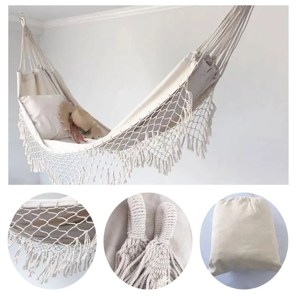 Hamac Macramé à Franges, Toile Blanc Cassé 200 x 100 cm, Charge Annoncée 120 kg