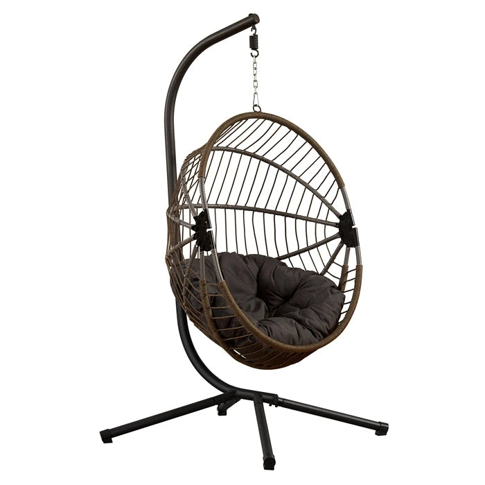 Fauteuil Suspendu Pliable Tressé Marron, Pied en C Noir, Coussin Gris Foncé