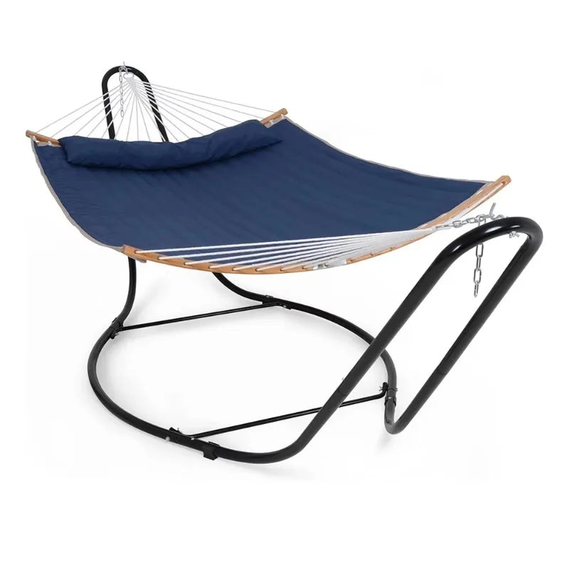 Hamac Double sur Pied en Métal Noir, Toile Matelassée Bleu Marine
