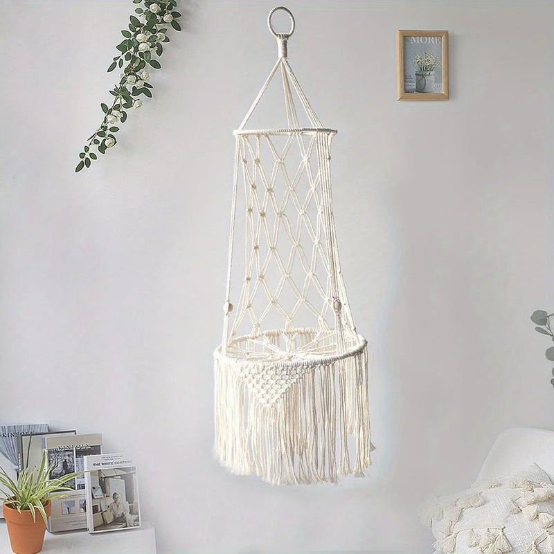 Hamac pour Chat Suspendu en Macramé Blanc Cassé à Longues Franges, Taille M ou L, vue 2