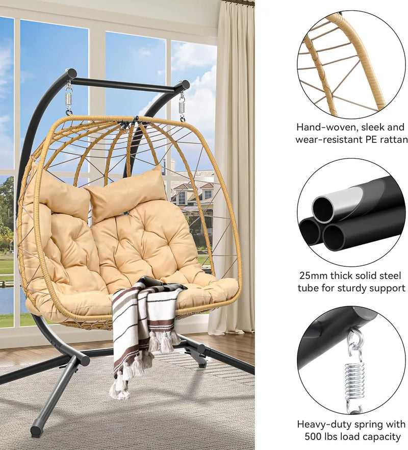Fauteuil Suspendu Œuf 2 Places en Résine Beige avec Pied Acier Noir, vue 2
