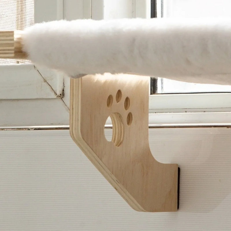 Hamac pour Chat Fenêtre en Bois, Toile Blanche en Coton, Motif Patte, vue 4