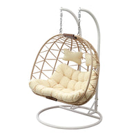 Fauteuil Suspendu Œuf Double Tressé Naturel, Pied Blanc, Coussin Crème, vue 7
