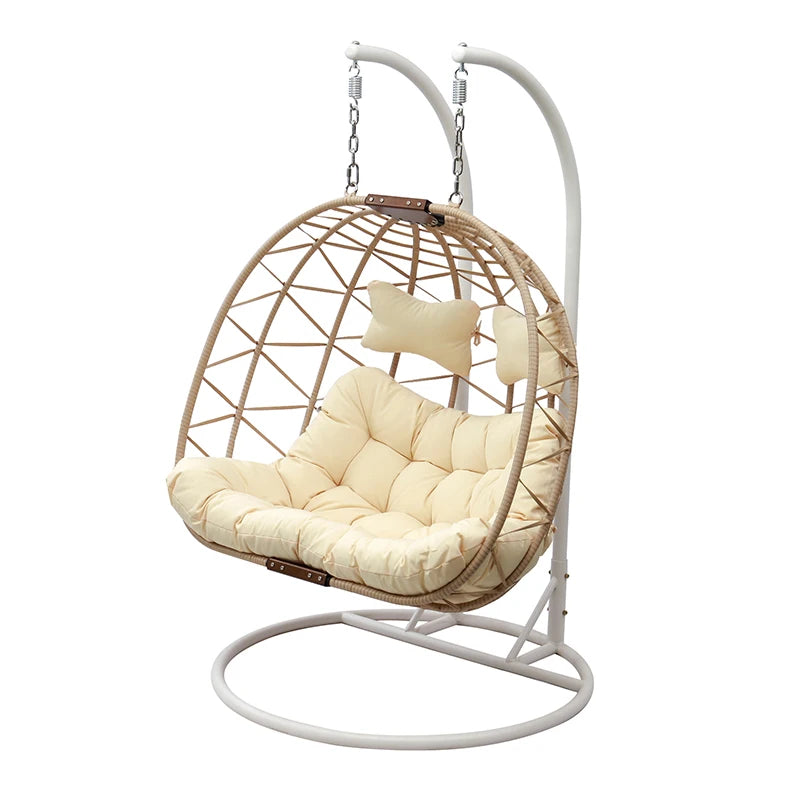 Fauteuil Suspendu Œuf Double Tressé Naturel, Pied Blanc, Coussin Crème, vue 7
