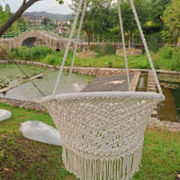 Chaise Hamac en Macramé de Corde de Coton Écru, Assise Ronde à Franges, vue 6