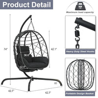 Fauteuil Suspendu Œuf en Résine Tressée Noire avec Pied et Coussin Gris, vue 2