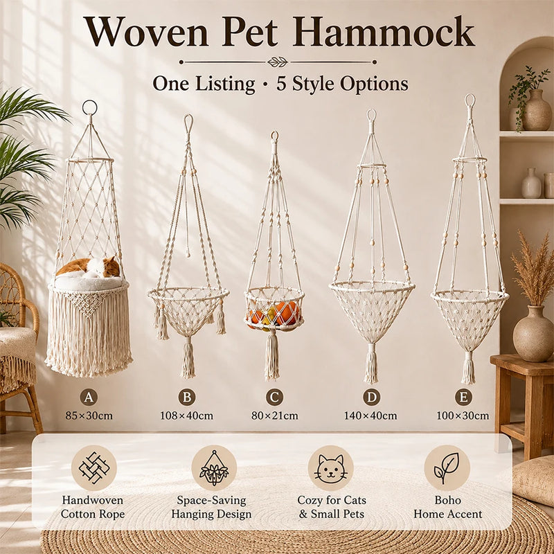 Hamac pour Chat Suspendu en Macramé de Coton, Panier à Franges, 5 Modèles de 21 à 40 cm