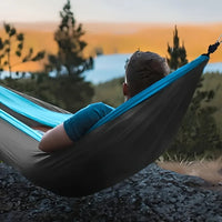 Hamac de camping simple en nylon 220 x 90 cm, sangles et mousquetons fournis, vue 4