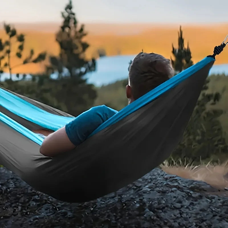 Hamac de camping simple en nylon 220 x 90 cm, sangles et mousquetons fournis, vue 4