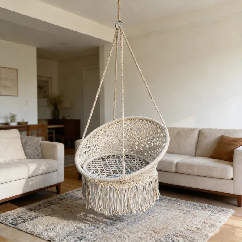 Chaise Hamac Suspendue en Macramé avec Franges, Siège Rond, 8 Coloris, vue 2