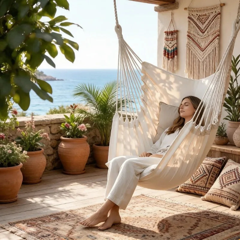 Chaise Hamac Suspendue en Coton 100 x 130 cm, Noir ou Écru, vue 2