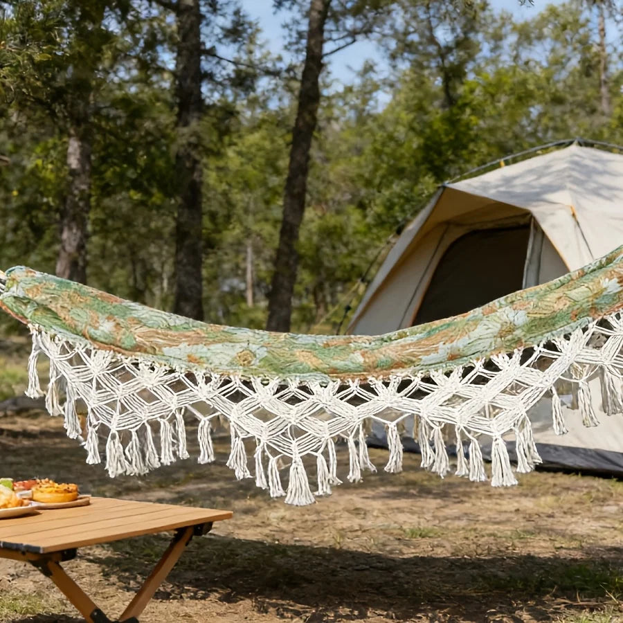 Hamac 2 Places à Franges Macramé, Vert Feuillage 300 x 150 cm, avec Sangles et Sac, vue 4