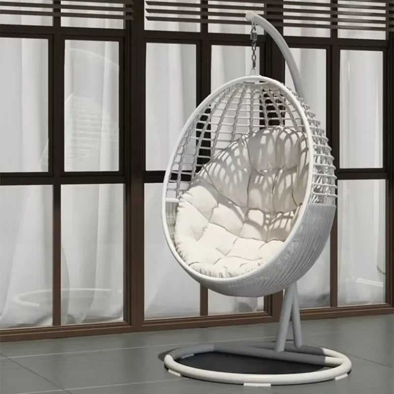 Fauteuil Suspendu Œuf en Résine Tressée Blanc Cassé avec Pied Métal, 195 cm, vue 4