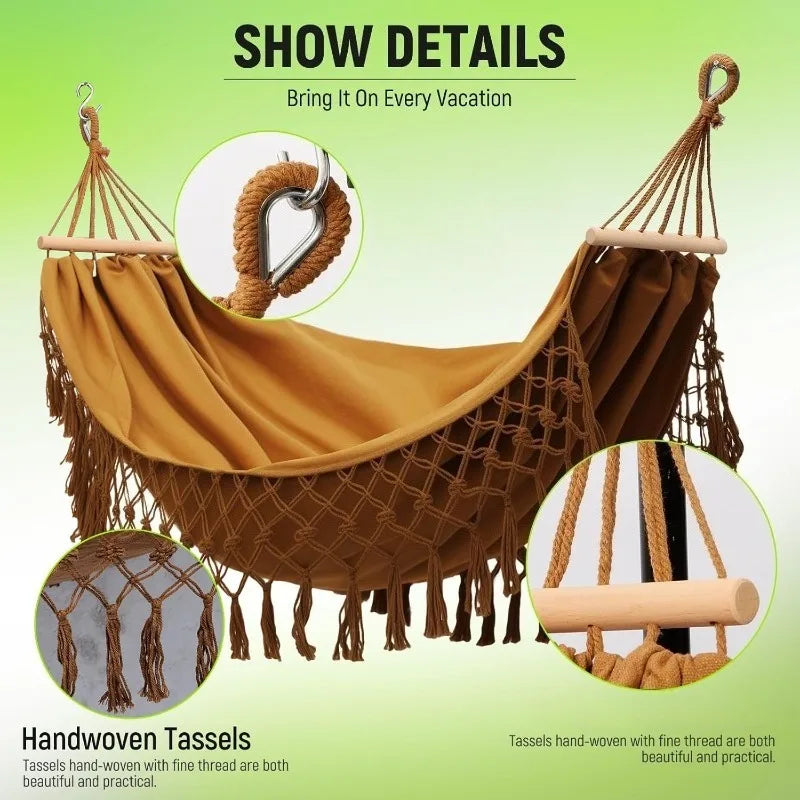Hamac Bohème à Franges, Toile Polyester et Barres en Bois, 2 Places, vue 3