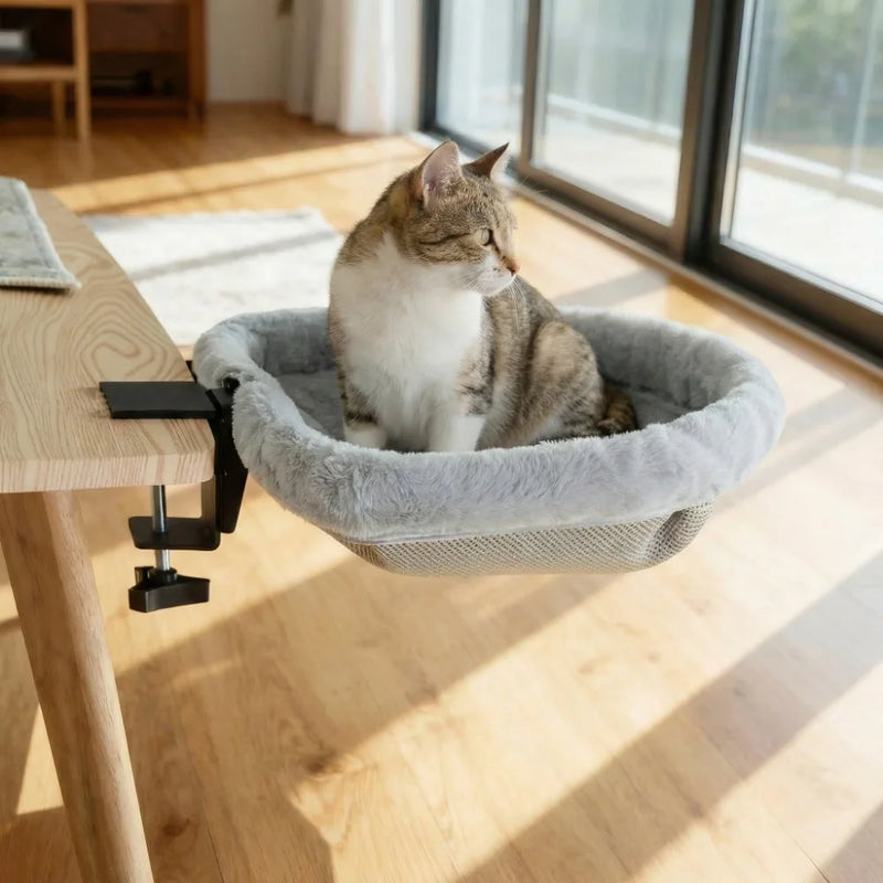Hamac pour Chat de Table à Pince, Assise Creuse en Peluche Grise à Housse Zippée, 44 x 46 cm, vue 7
