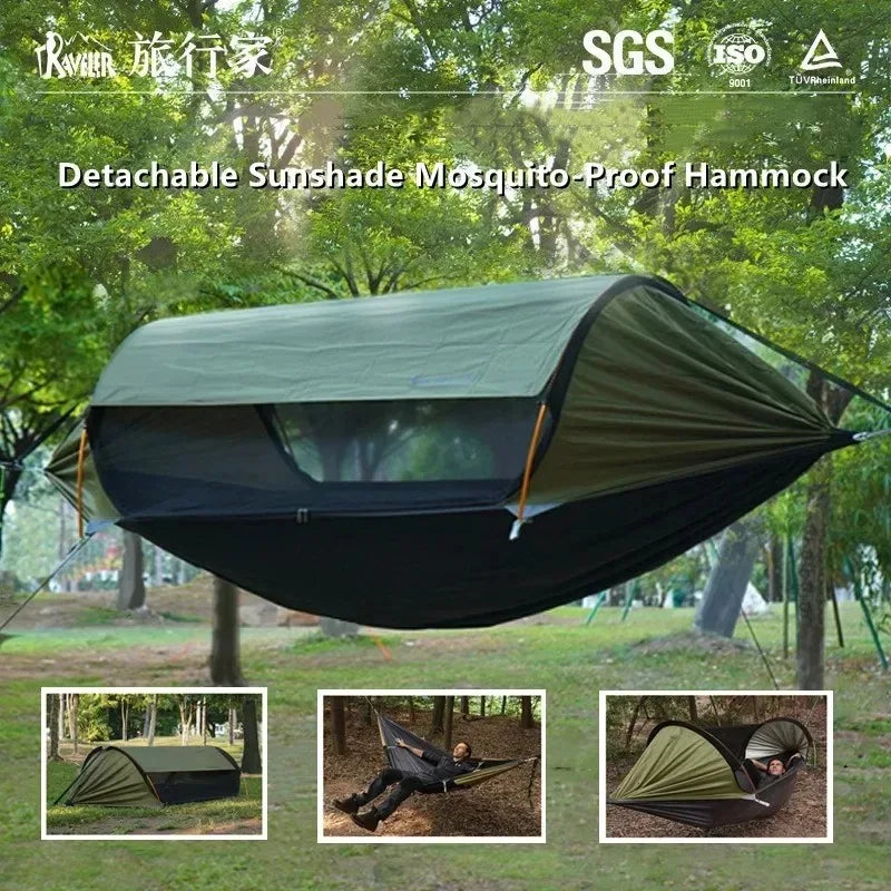 Tente Hamac de Camping avec Moustiquaire, Toit Pare-Soleil et Piquets, 270 x 140 cm