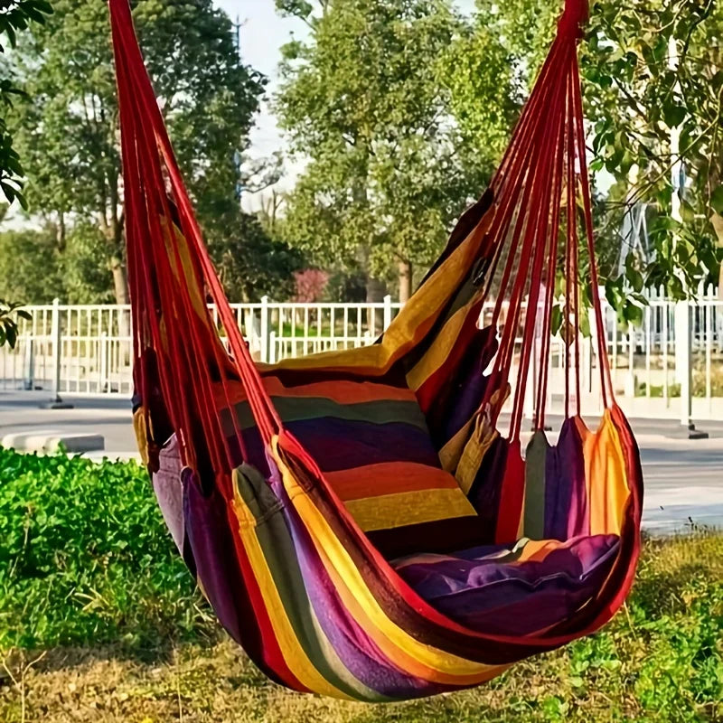 Chaise Hamac Suspendue Rayée 130 x 100 cm, 2 Cordes et Sac, avec ou sans Oreiller