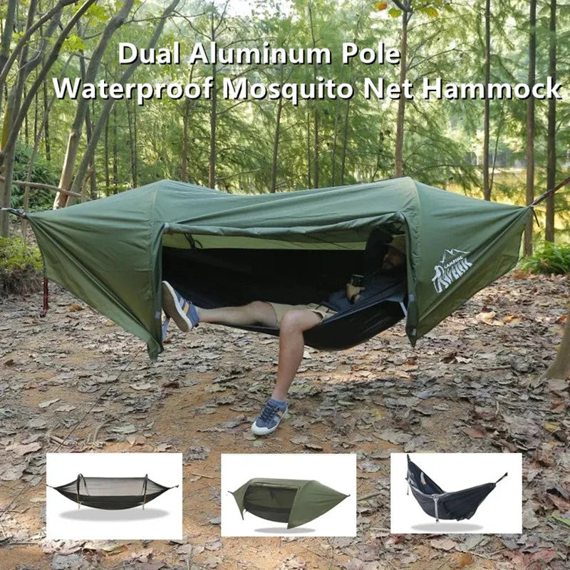Hamac Tente de Camping 3 en 1 avec Moustiquaire Tunnel et Bâche, 270 x 140 cm, Tiges Aluminium
