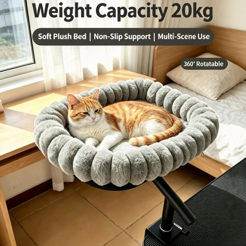 Hamac pour Chat de Bureau à Bras Pivotant 360°, Bord Boudiné en Peluche Grise, 45 x 35 cm