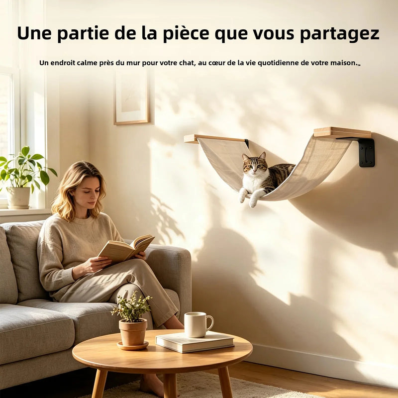 Hamac Mural pour Chat en Bois et Toile Blanc Cassé, 85 x 33 cm, vue 2