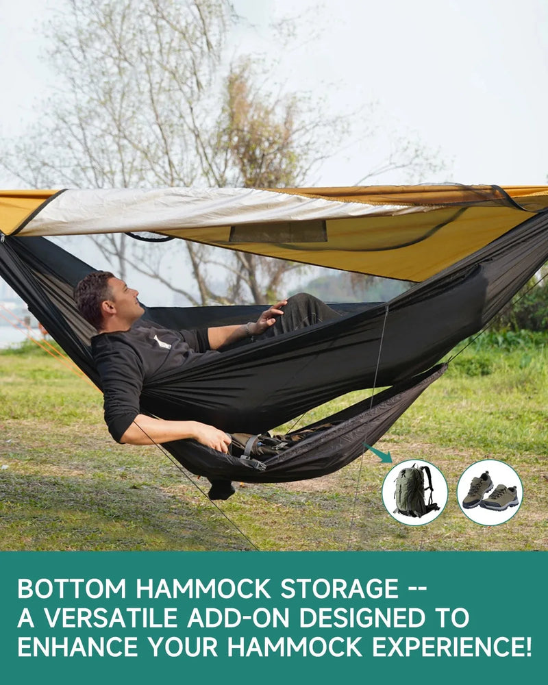 Hamac de camping avec toile pare-soleil 290 x 140 cm et hamac de rangement suspendu