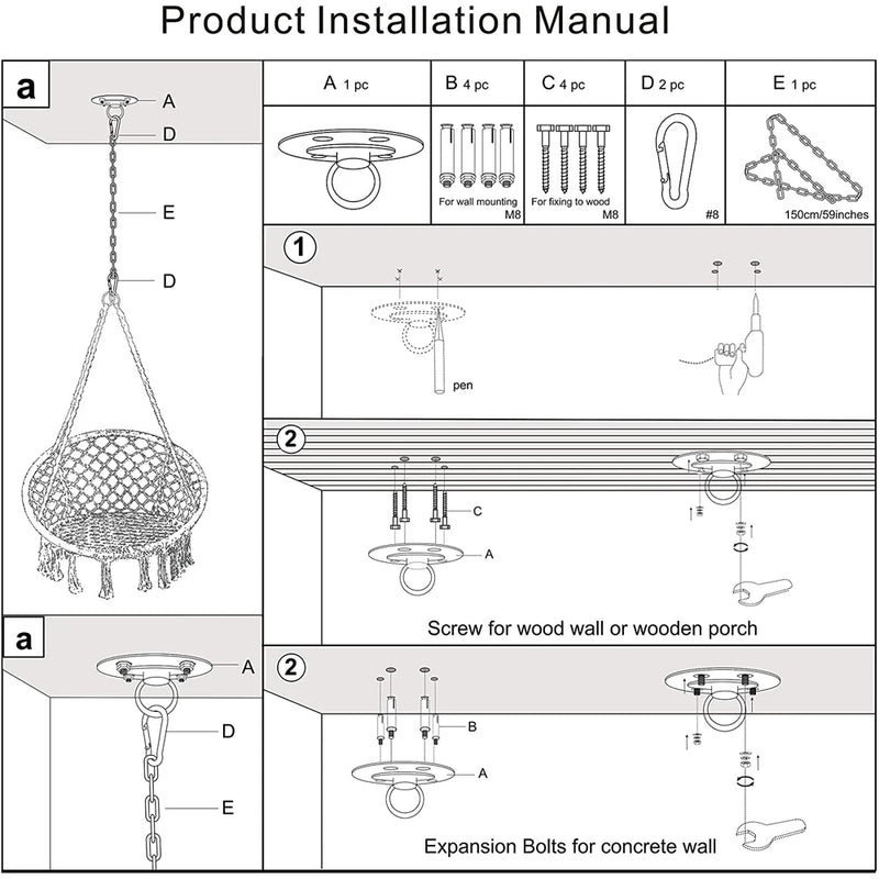 Chaise Hamac Ronde en Macramé de Coton avec Anneau en Acier et Kit de Suspension, vue 5