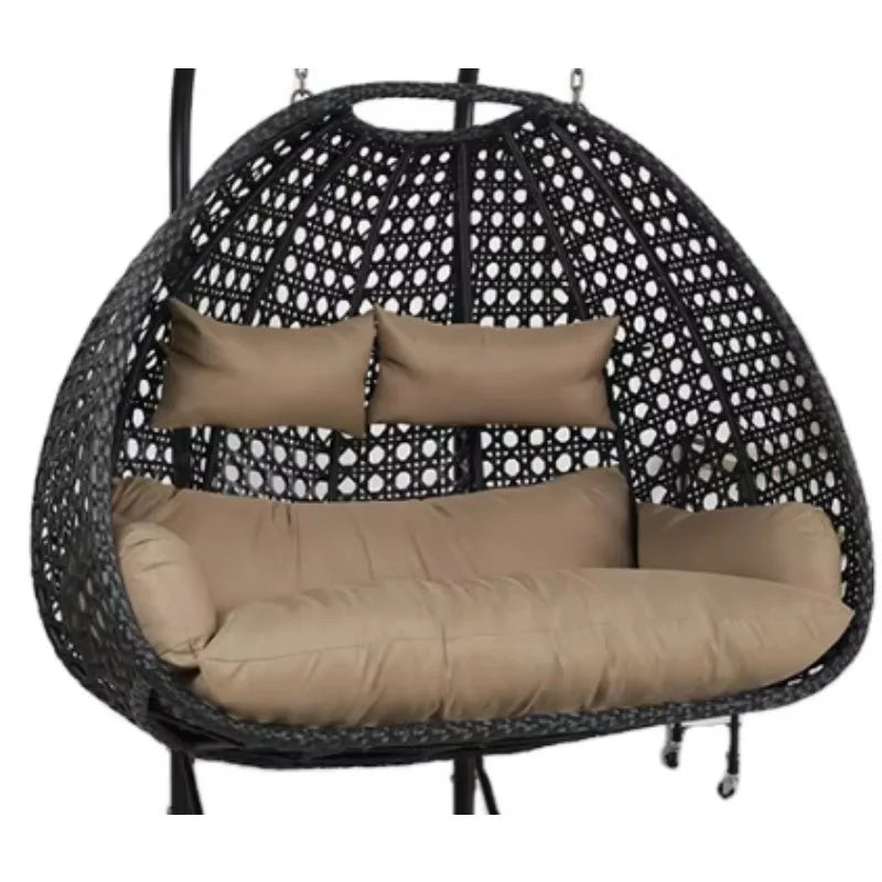 Fauteuil Suspendu Œuf Double Tressé Noir, Pied à Deux Arches, Coussin Beige, vue 3