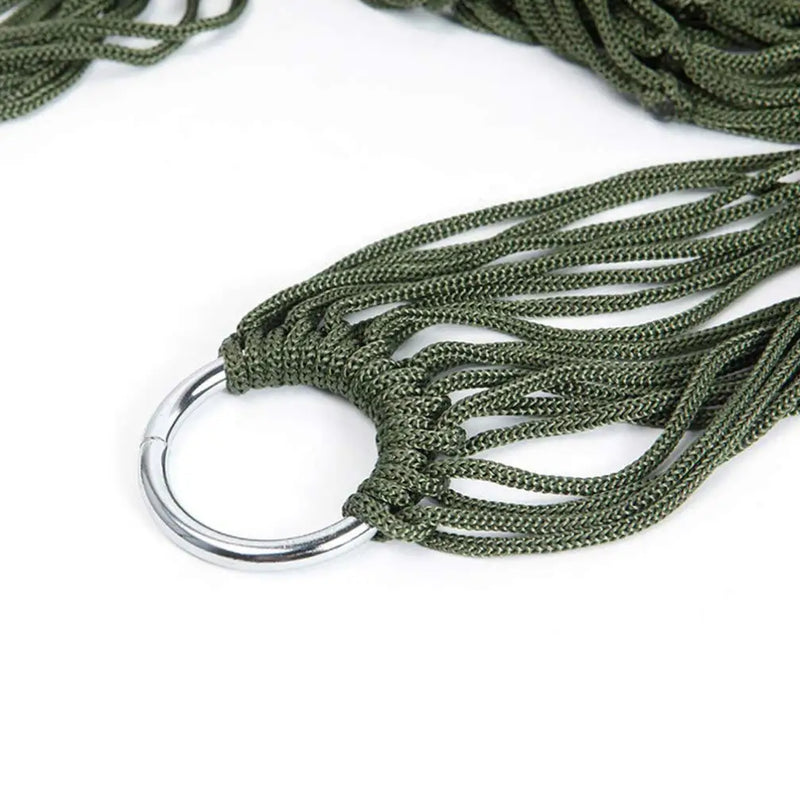 Hamac de Camping en Filet de Nylon Vert Militaire avec Anneaux Métalliques, vue 6