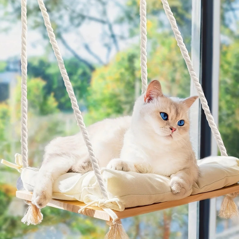 Hamac pour Chat Fenêtre en Bois et Cordes, Coussin Amovible, 45 x 35 cm