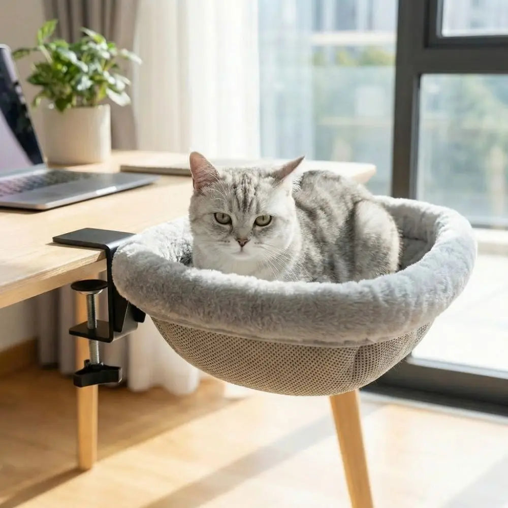 Hamac pour Chat de Table à Pince, Assise Creuse en Peluche Grise à Housse Zippée, 44 x 46 cm