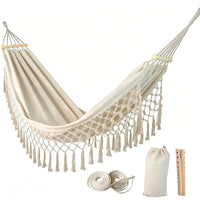 Hamac Bohème à Franges, Toile Polyester et Barres en Bois, 2 Places, vue 8