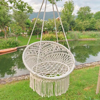 Chaise Hamac en Macramé de Corde de Coton Écru, Assise Ronde à Franges, vue 4