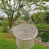 Chaise Hamac en Macramé de Corde de Coton Écru, Assise Ronde à Franges, vue 5