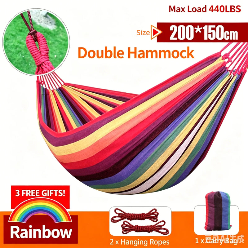 Hamac Double Rayé en Coton Mélangé 200 x 150 cm, Cordes et Sac de Rangement, vue 5