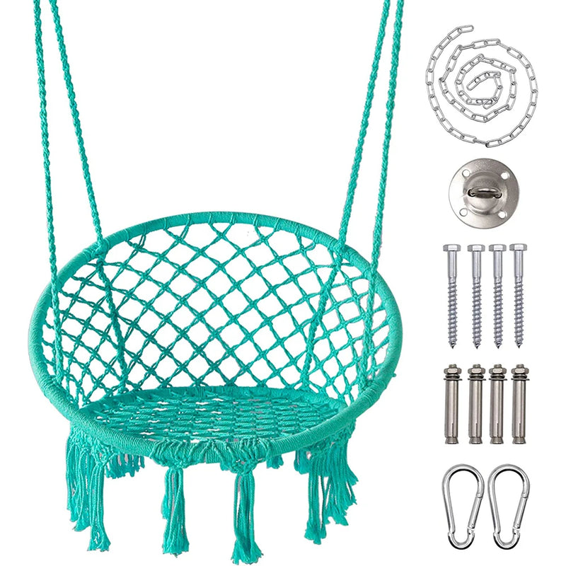 Chaise Hamac Ronde en Macramé de Coton avec Anneau en Acier et Kit de Suspension