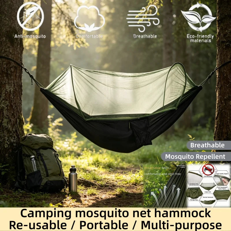 Hamac de Camping avec Moustiquaire Intégrée et Poche Latérale, 3 Coloris, Sac de Rangement