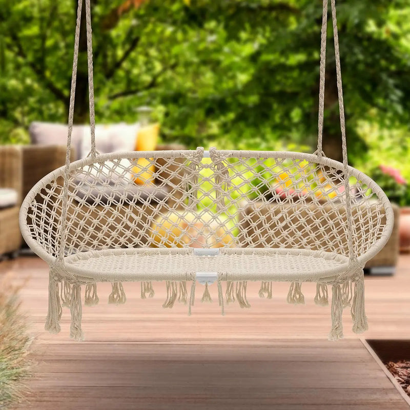 Chaise Hamac Banc Suspendu Double en Macramé de Coton, Franges, 138 x 51 cm, vue 2