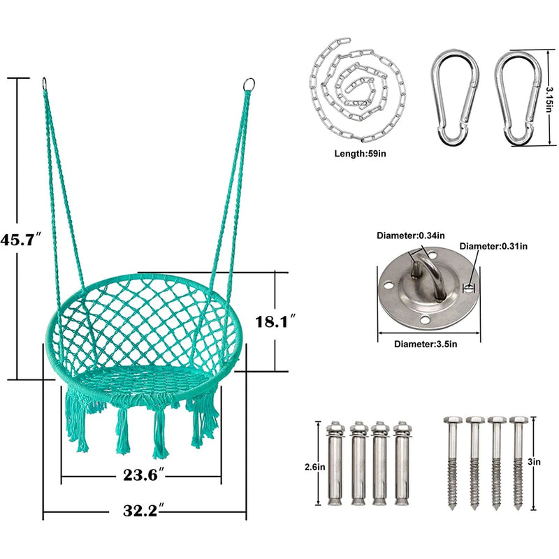 Chaise Hamac Ronde en Macramé de Coton avec Anneau en Acier et Kit de Suspension, vue 2
