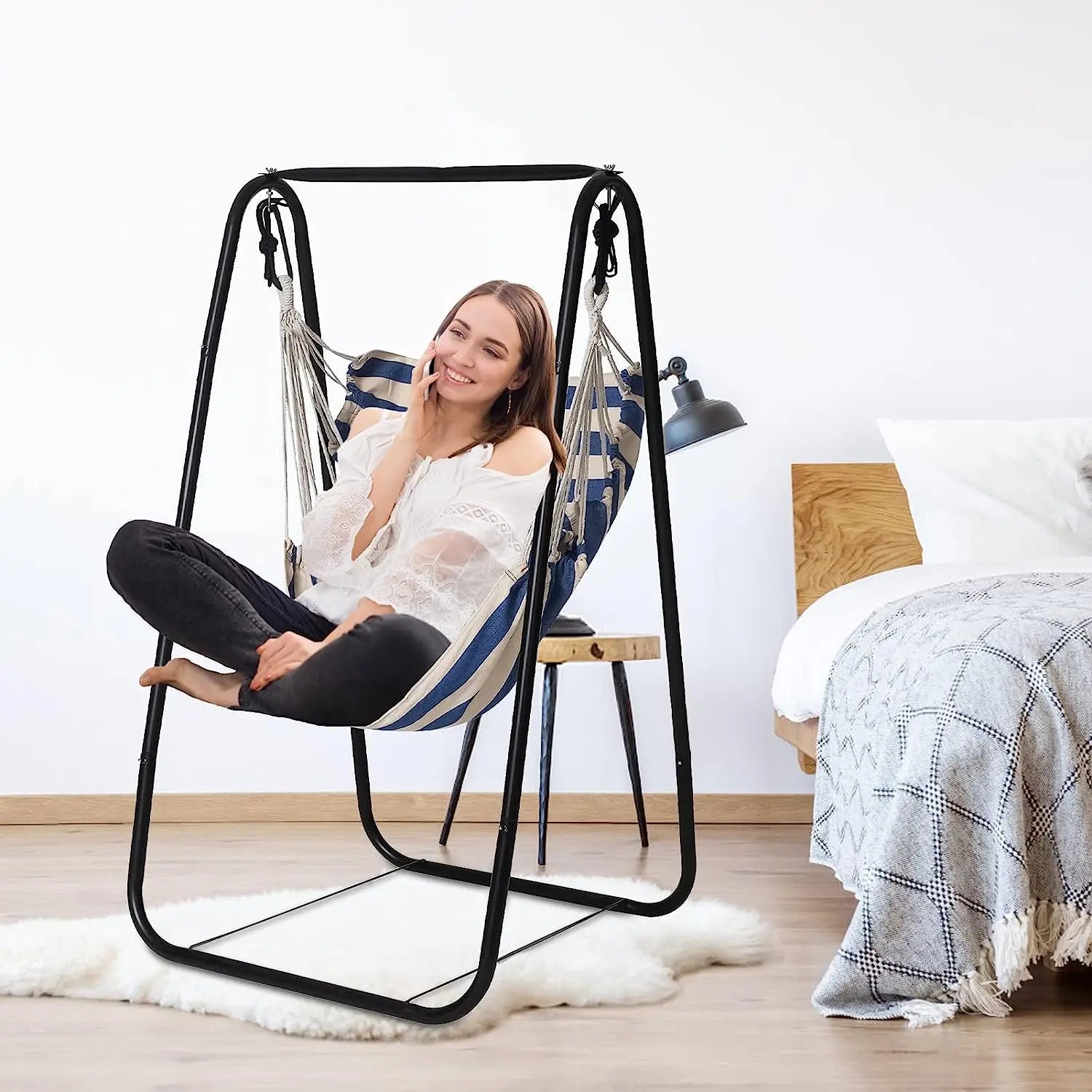 Chaise Hamac sur Pied en Acier Noir, Toile de Coton, 10 Coloris