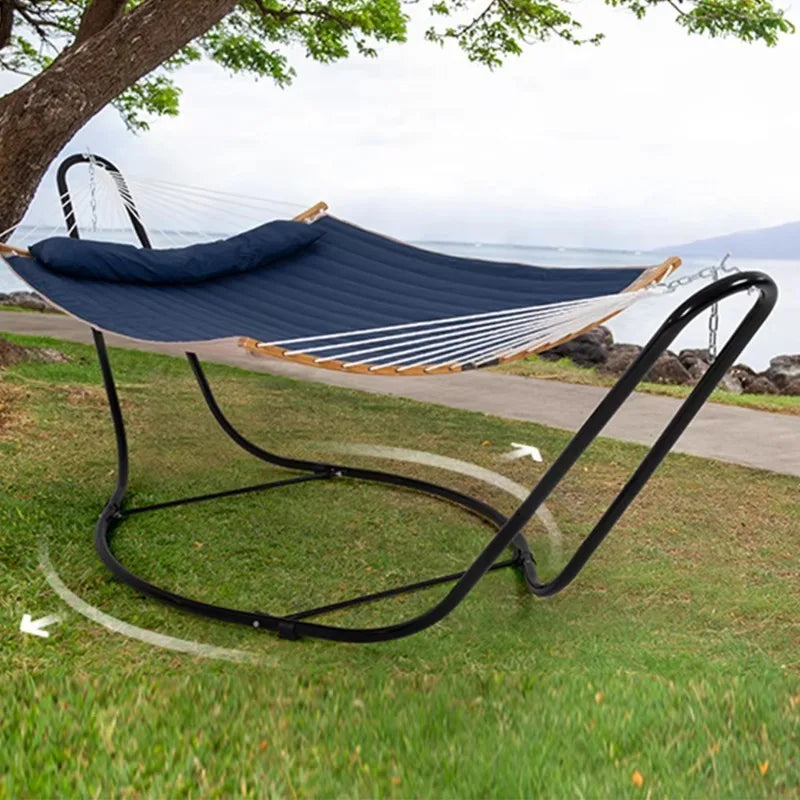 Hamac Double sur Pied en Métal Noir, Toile Matelassée Bleu Marine, vue 3