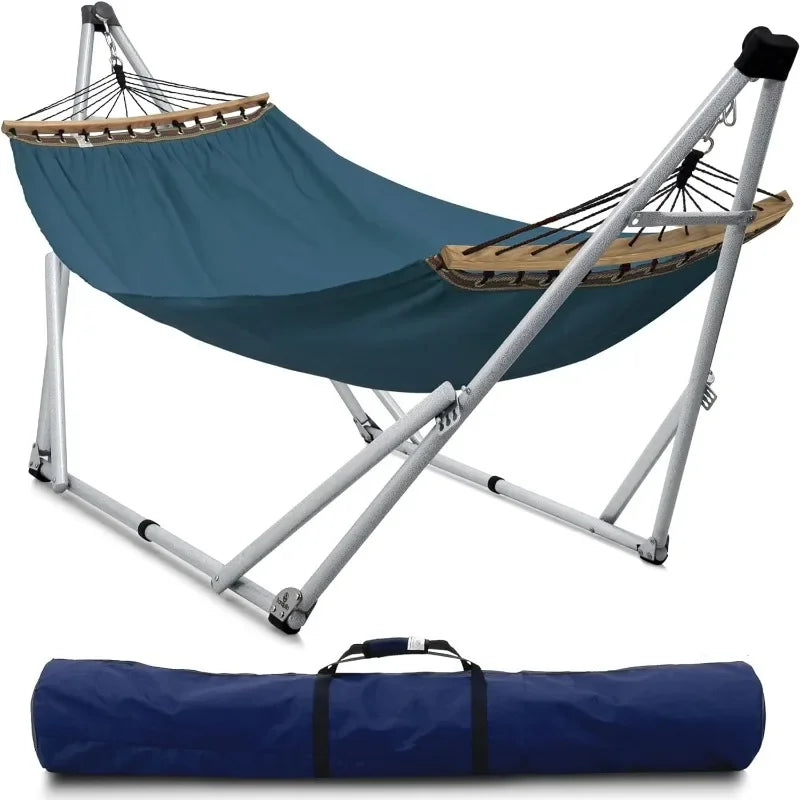 Hamac sur Pied Pliable 2 Places, Barres en Bois et Sac de Transport