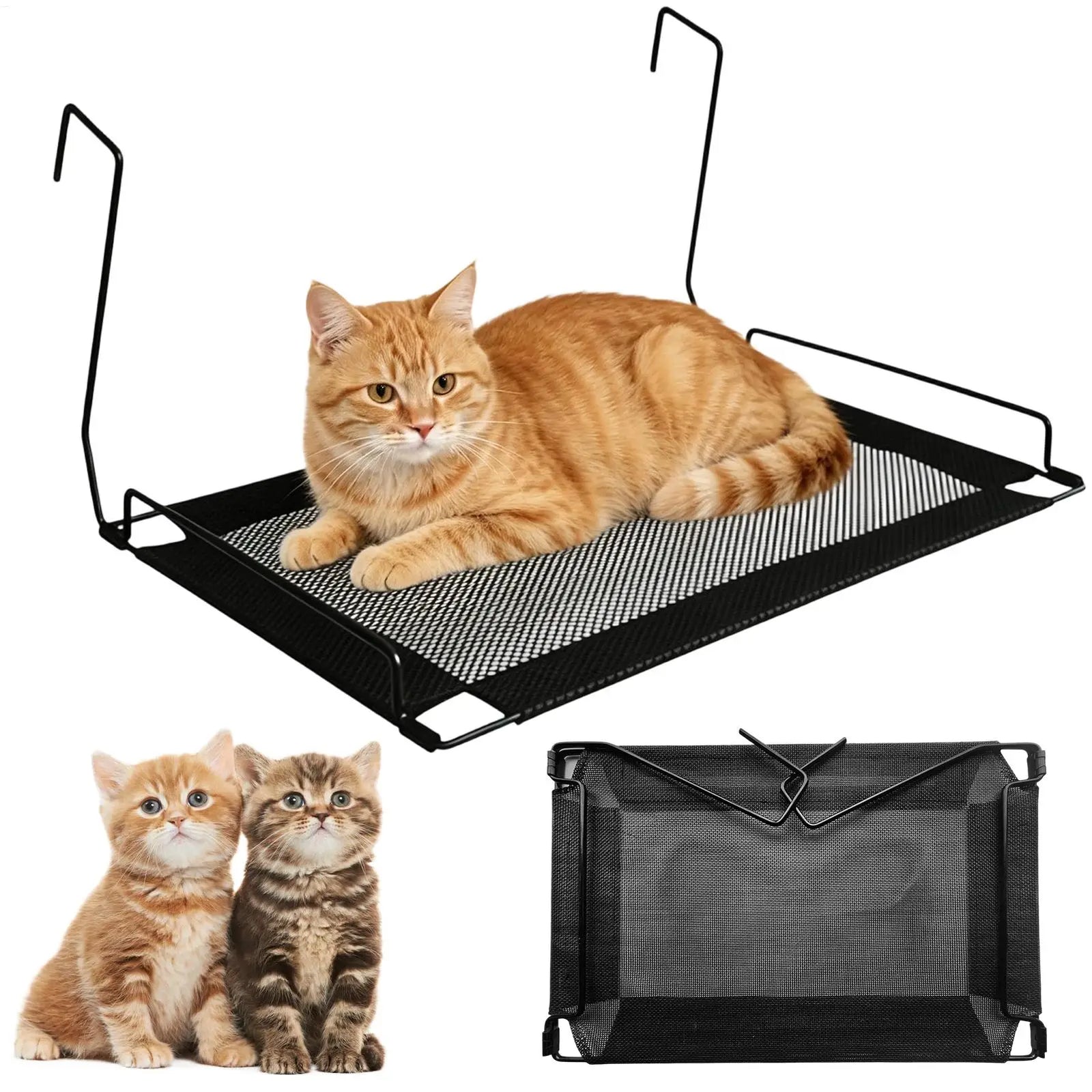 Hamac pour Chat à Crochets pour Radiateur ou Rebord, Cadre en Métal Noir et Maille, 45 x 24,5 cm