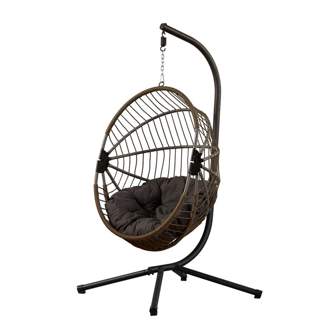 Fauteuil Suspendu Pliable Tressé Marron, Pied en C Noir, Coussin Gris Foncé, vue 2